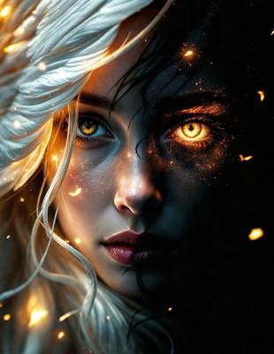 The primary subject of the image is a woman with blonde hair and blue eyes. She is the main focus of the image. The setting is a dark background, which adds to the overall mood of the image. The visual style is a digital art, illustration, or drawing, as the woman's features are depicted in a detailed and artistic manner. The colors and mood of the image are predominantly dark, with the woman's features and the background being the main sources of light and contrast.